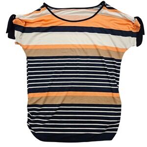 Striped Short Sleeve Maternity Scoop Neck Top with Knot Sleeve Navy Orange Tan